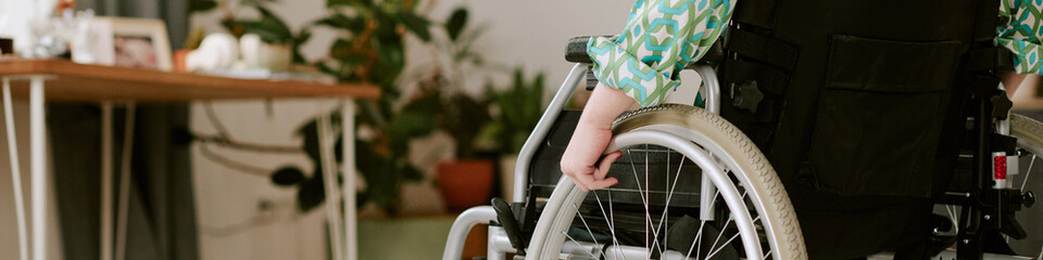 Website banner with Caucasian woman with disability sitting in wheelchair indoors, hand resting on wheel, plants and desk visible in background