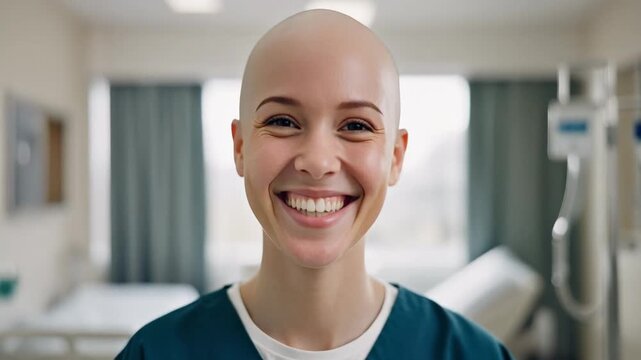 Happy young female cancer patient with alopecia smiling in a hospital room. Portrait of a strong and hopeful woman showing resilience and recovery from illness during chemotherapy