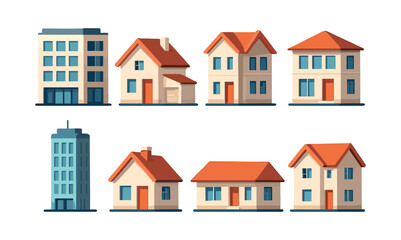 Building types collection, houses, apartments, flat vector illustration