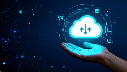 Hand Holding Glowing Cloud Computing Interface with Digital Network Icons, Data Storage and Technology Concept