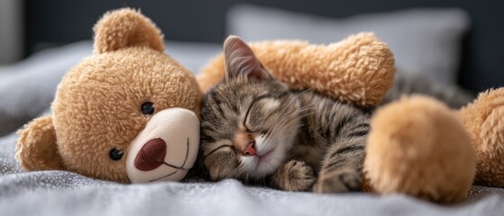 Sleeping cat snuggles with teddy bear on soft bed blanket in cozy room during afternoon