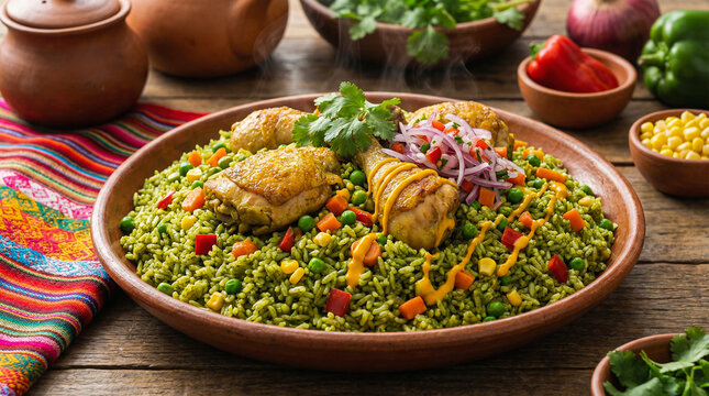 Peruvian Arroz con Pollo with red onion slivers. Traditional rice and chicken dish from Peru