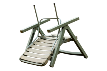 Folded vintage green metal camping chair with fabric seat on a transparent background