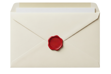 Vintage beige paper envelope sealed with red wax stamp on a transparent background