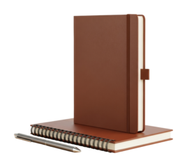 Creative writing tools notebooks and pens in minimalist isolated on transparent background