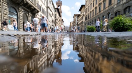 Historic street scene in Florence with outdoor dining and lively atmosphere on a sunny day