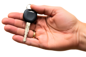 Male hand holding black car key with remote control on a transparent background