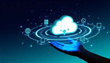 Hand Holding Glowing Cloud Computing Interface with Digital Network Icons, Data Storage and Technology Concept