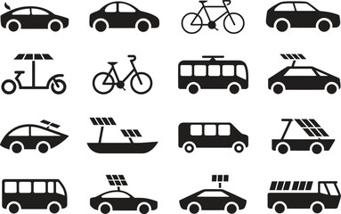 Sustainable transport icon set featuring solar-powered cars, bicycles, buses, scooters and boats in clean silhouette style, ideal for eco-friendly mobility concepts