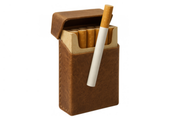 Cigarette pack with a single unlit cigarette emerging from a leather case, representing addiction and quitting smoking