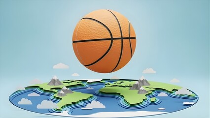 A vibrant 3D rendered basketball floats above a stylized, layered world map featuring continents, oceans, mountains, and clouds, symbolizing global sports and international competition.
