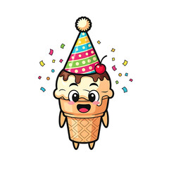 Cartoon Ice Cream Cone Wearing Party Hat With Confetti Isolated On White Background