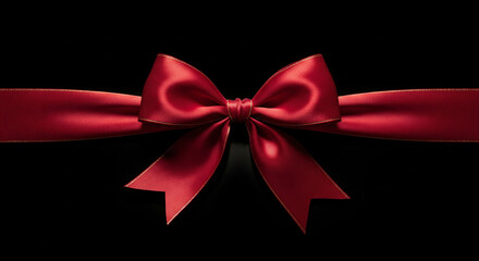 Luxurious red satin ribbon bow with gold trim on black background, ideal for festive, romantic, or gift visuals.
