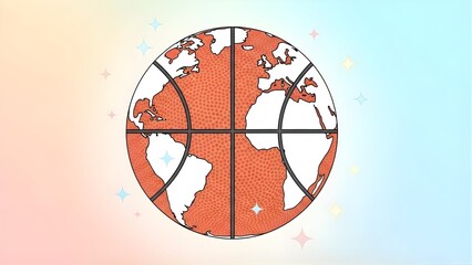 A creative illustration depicting a basketball shaped like the Earth, featuring continents on its textured surface, set against a sparkling gradient background.