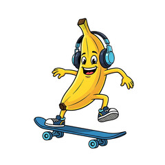 Cartoon Banana Skateboarding With Headphones Isolated On White Background