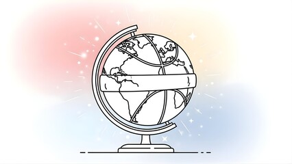 Minimalist line art illustration of a world globe with a customizable banner, set against a soft, sparkling gradient background, ideal for global concepts or educational themes.