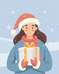 Happy woman in Santa hat holding Christmas gift.