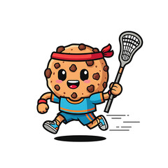 Cartoon Chocolate Chip Cookie Running With Lacrosse Stick Isolated On White Background