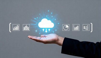 Business hand holding cloud computing icon with data analytics and finance symbols