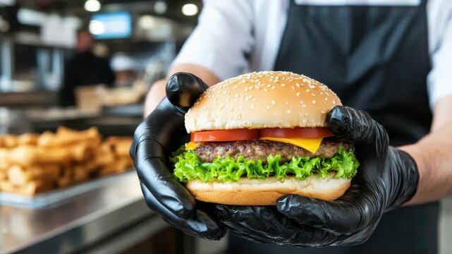 Chef holds a freshly made burger with lettuce, tomato, and cheese in a busy kitchen during lunchtime rush