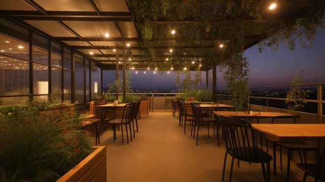 rooftop restaurant at dusk modern outdoor dining area evening ambiance.
