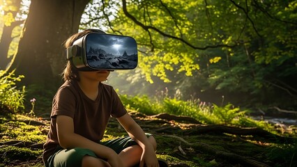 Young person in VR headset exploring virtual world in a sunlit forest, blending tech and nature