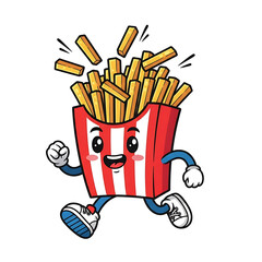 Cartoon French Fries Box Running In Sneakers Isolated On White Background
