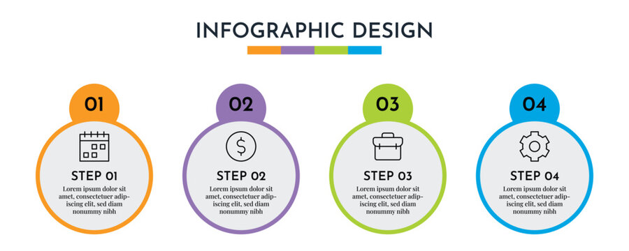 4 Step Circular Infographic Layout Template with Colorful Circles and Line Icons, Modern Business Process Abstract Design Illustration