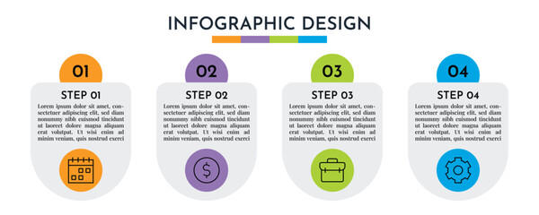 4 Step Rounded Infographic Layout Template with Colorful Circles and Line Icons, Modern Business Process Abstract Design Vector Illustration