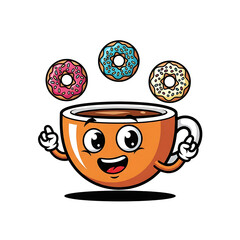 Cartoon Coffee Cup Juggling Donuts Isolated On White Background