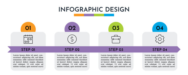 4 Step Horizontal Arrow Ribbon Infographics Timeline Layout with Colorful Sections and Line Icons, Modern Business Process Abstract Vector Design