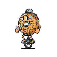 Cartoon Donut Riding A Unicycle Isolated On White Background
