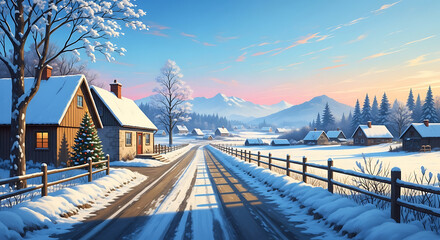 A serene winter landscape features a snowcovered road leading through a quaint village, with cozy houses and distant mountains under a clear blue sky at sunrise