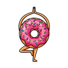 Cartoon Donut With Rainbow Sprinkles Doing Yoga Isolated On White Background