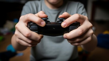 Close-up of hands holding a black video game controller, focused on gameplay