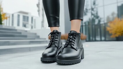 Person stands on steps wearing black boots with laces and a casual outfit in a modern urban area during daytime