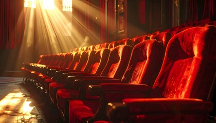 Luxurious red velvet cinema seats bathed in dramatic golden light, an empty auditorium hinting at upcoming performances or screenings