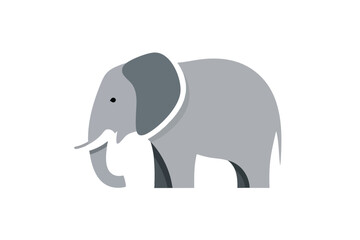 Fototapeta premium Stylized grey elephant with white tusks and a black eye on white background