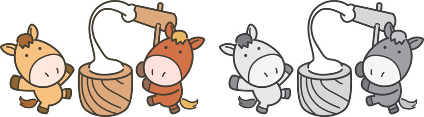 午年のお正月に使える餅つきをする2匹の馬のベクターイラストセット