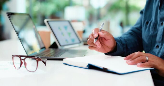 Laptop screen, writing or hands with notebook at desk for data analysis, charts or graphs for business growth. Performance report, man or analyst with notes for stats handover, check numbers or tech
