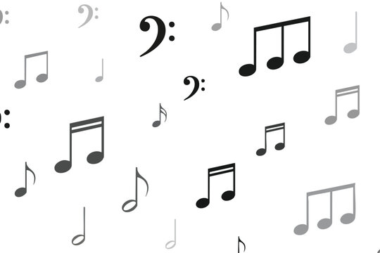 Black and gray musical notes and clefs scattered on a white background