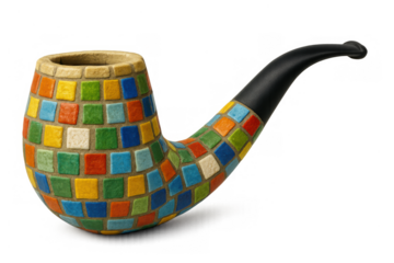 Decorative pipe with colorful ceramic mosaic tiling, smoking accessory with artistic design, transparent background