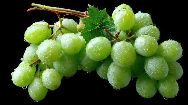 Fresh green grapes with water droplets glistening under soft light on a dark background - Powered by Adobe