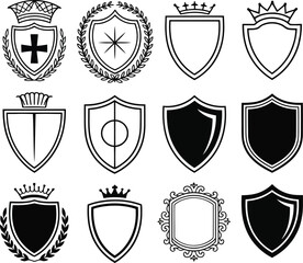 Collection of heraldic shields crests and emblems in black and white