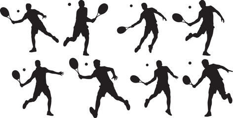 Set of male tennis player silhouettes in various action poses with rackets