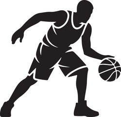 Basketball player silhouette dribbling ball in energetic motion during intense game