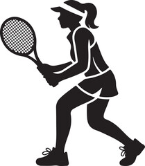 Female tennis player silhouette striking ball with racket in dynamic athletic pose