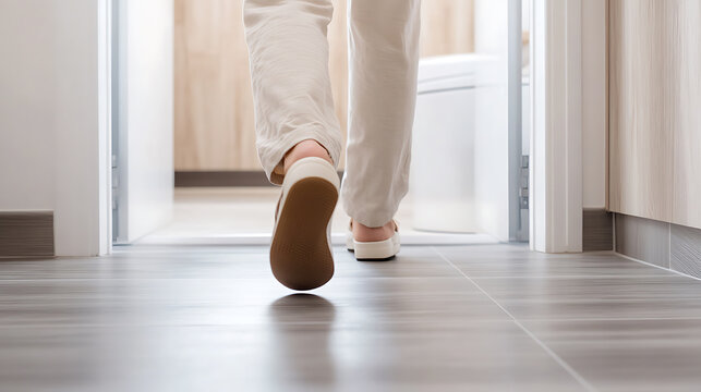 A person walks into a bathroom, showing their feet, legs, and the interior. Light shines on the gray floor as they step into the bathroom.