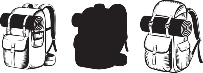 Set of camping backpacks with rolled sleeping bags