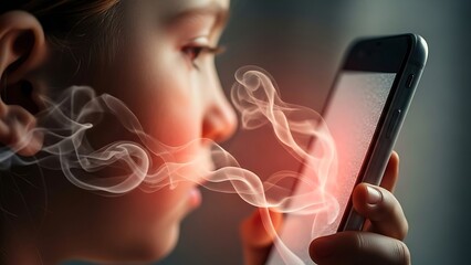 Child exhaling smoke towards glowing smartphone, symbolizing digital addiction and screen time health risks